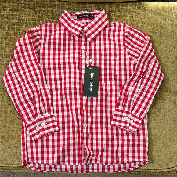 NWT Red Gingham Button Down Shirt with Long Sleeves - Picture 1 of 6